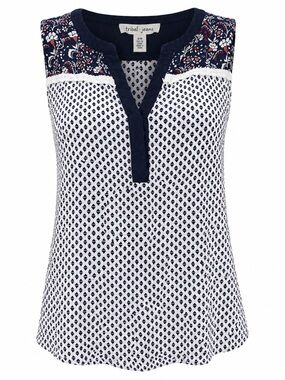 Tribal Jeans Sleeveless Floral Trim Tank Top Medium Navy White